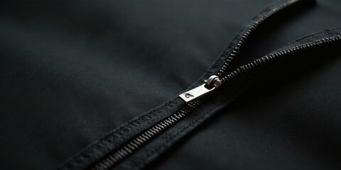 Close-up view of a dark garment's zipper, showcasing detailed texture and subtle sheen of the metal slider