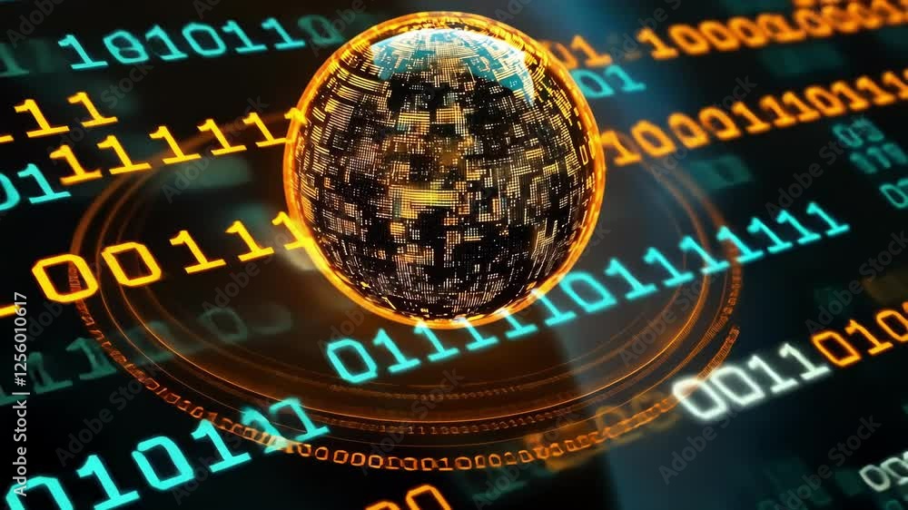 Aufkleber glowing digital sphere hovers above a futuristic circuit board with scattered banknotes, binary code
