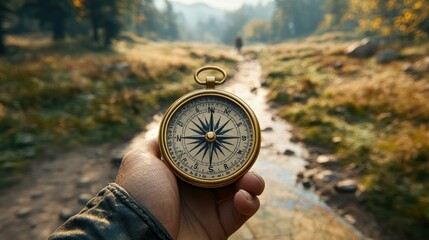 Hand holding compass, forest trail, autumn, journey