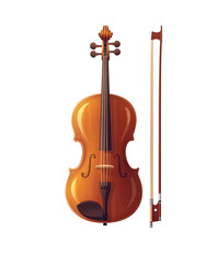 Obraz premium A beautifully crafted wooden violin with a smooth finish and a bow, showcasing elegant design. Isolated on transparent white background, png 