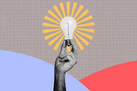 Exclusive creative art poster collage of hands electric hold bright light bulb blackout power idea finding enlightenment concept