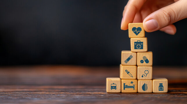 Close up of wooden cubes stacked with health symbols, representing wellness and care. image conveys sense of organization and importance of health in life