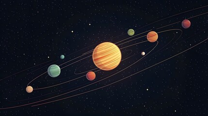 Cartoon planets orbiting a central sun in deep space