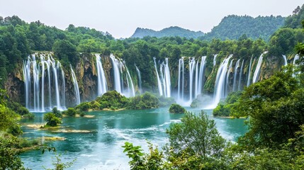 Fototapeta premium Majestic waterfall views national park nature lush greenery scenic landscape serene atmosphere