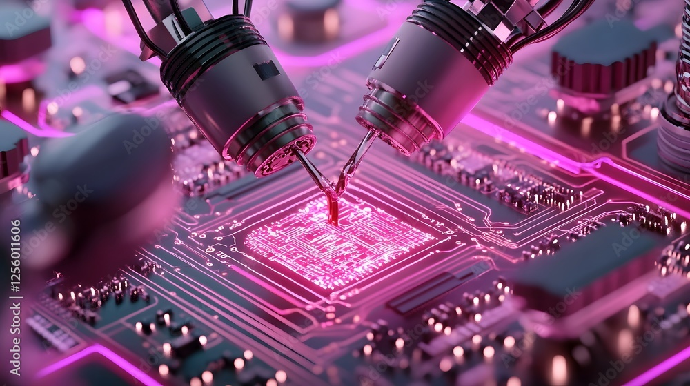 Poster robotic arms applying advanced lubricants to complex industrial machine with glowing circuits and