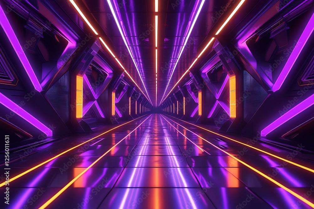 Poster sci fy neon glowing wave lines in a dark hall. reflections on the floor. 3d rendering. abstract glow
