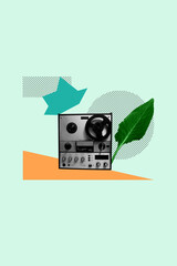 Vertical sketch 3d artwork collage poster of retro boombox recorder disco volume dynamic music occasion green leaf disco melody