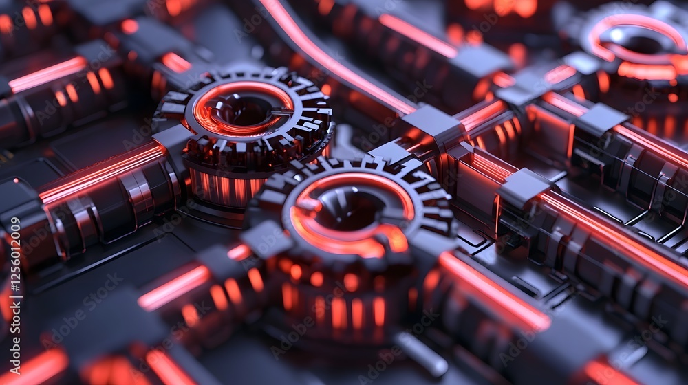 Poster flowing lubricant streams connecting high-tech machinery in futuristic automation