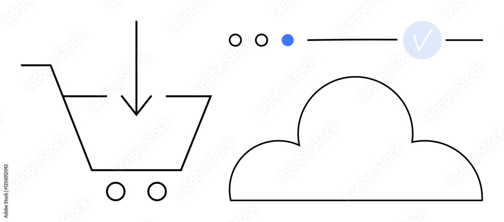 Poster shopping cart with down arrow, cloud storage symbol, and interface elements ideal for online shoppin