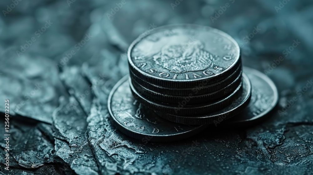 Aufkleber realistic portrait of stacked european coins on grey background with copy space and blurred elements