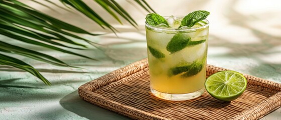 Refreshing mojito cocktail beachside bar beverage display tropical setting aesthetic perspective summer vibes
