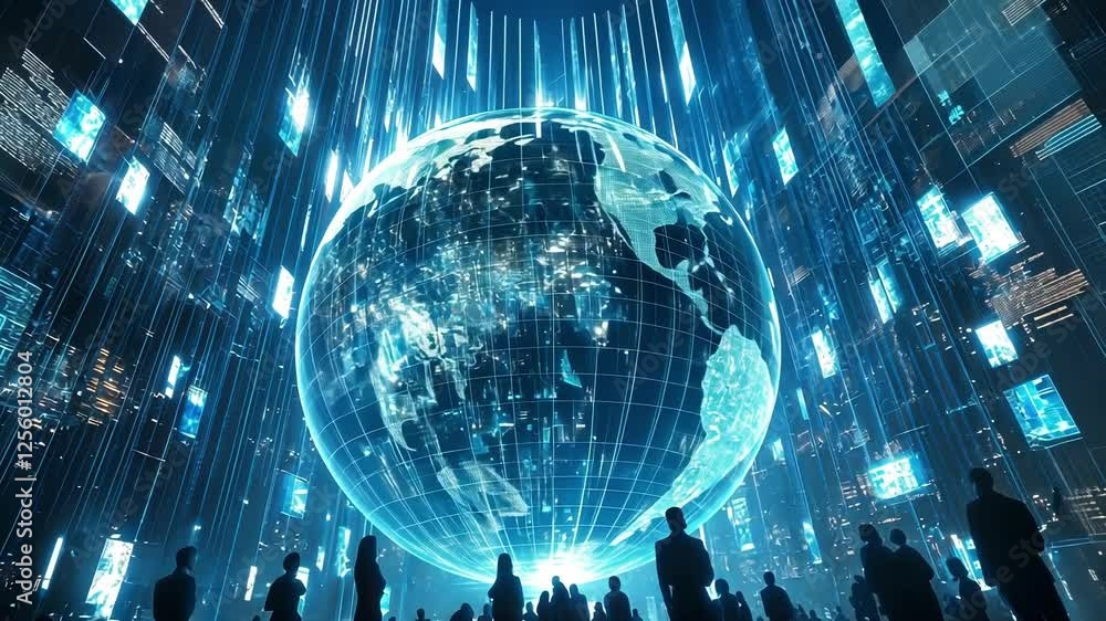 Poster an ethereal globe made of floating holograms depicting universities worldwide each transmitting beam