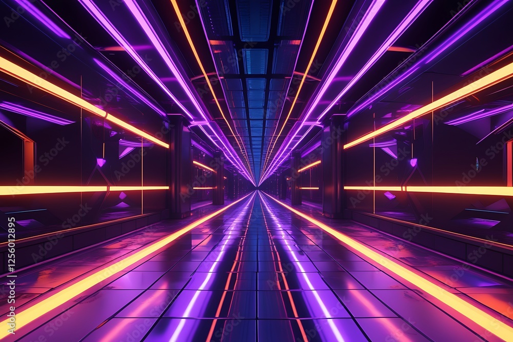 Poster sci fy neon glowing wave lines in a dark hall. reflections on the floor. 3d rendering. abstract glow