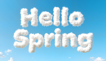 Hello Spring typography in fluffy white cloud letters on blue sky background