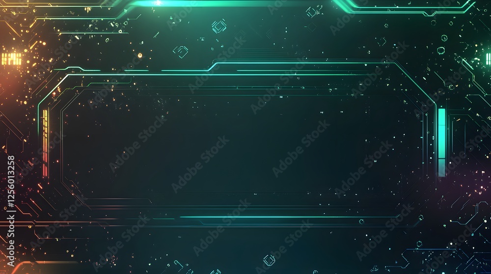 Poster intricate glowing circuit board design with a central dark rectangle