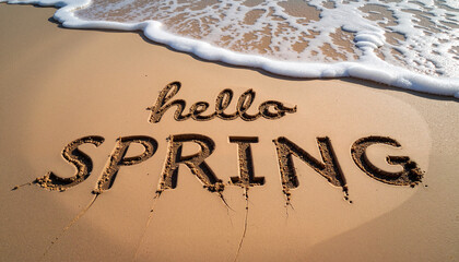 Hello Spring handwritten text in sand on beach with ocean waves washing over