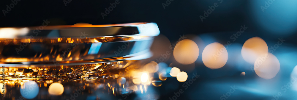 Poster close-up of double-walled metallic ring with bokeh background