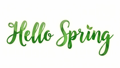 Hello Spring watercolor typography with green leaves and artistic calligraphy