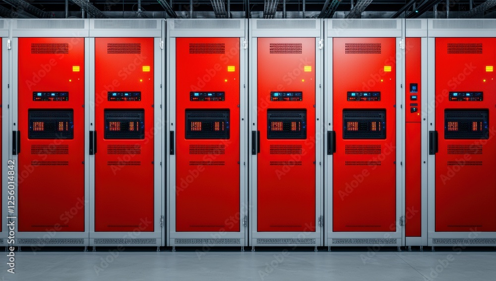 Poster Rows of bright red server cabinets in a high-tech data center, showcasing cutting-edge technology for cloud computing and virtual networks