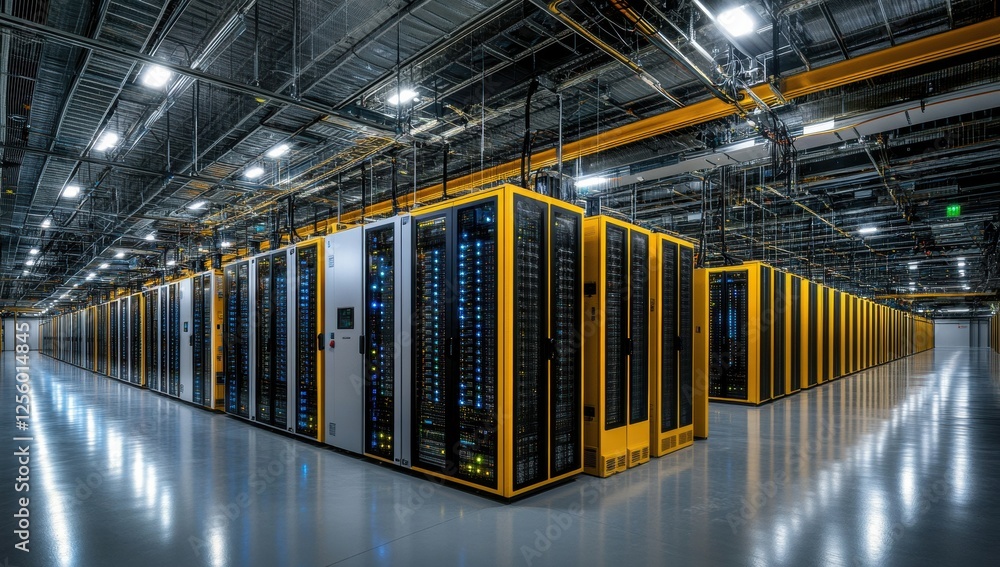 Poster advanced data center showcasing rows of brightly lit server cabinets, highlighting the technology be