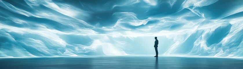 Obraz premium A lone figure standing in a sea of holographic projections, lost in thought, symbolizing modern decision-making