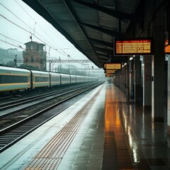 Obraz premium Train Station with Platform and Rainy Weather in Urban Setting