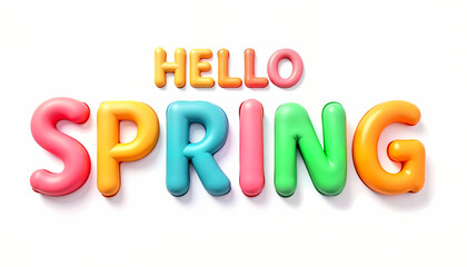 Hello Spring colorful 3D typography with glossy balloon-like letters