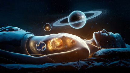 Futuristic Cinematic Shot of a Person with Planets Inside Their Body - Cosmic Wallpaper