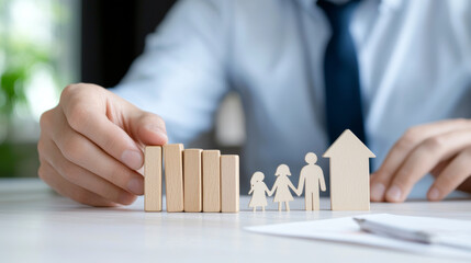 Businessman arranging wooden figures representing family and growth, symbolizing insurance and financial planning. protective gesture conveys security and stability