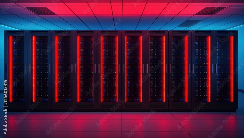 Aufkleber Rows of illuminated server cabinets in a high-tech data center highlight advanced technology for cloud computing and virtual networks