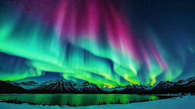 The pitch black night sky is illuminated by the colorful aurora borealis, creating a beautiful dance of light over the mountains and lakes.
