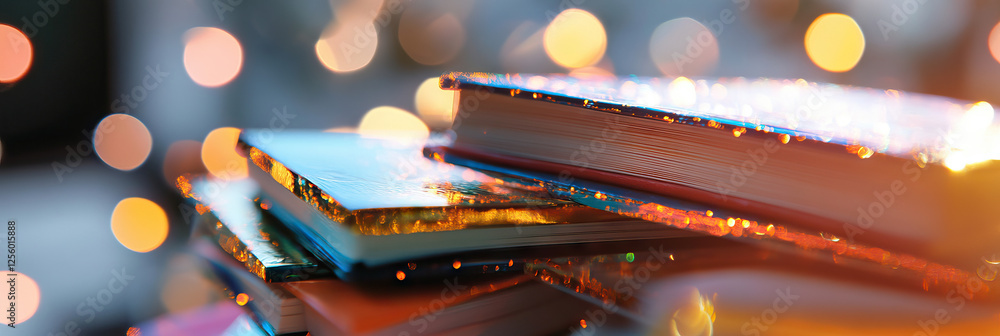Poster stack of books with glittering edges and bokeh lights