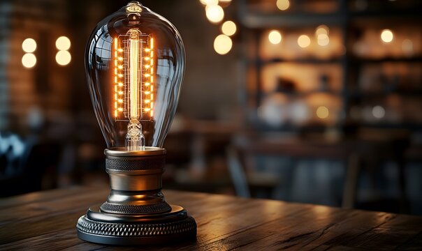 Vintage style light bulb on a wooden surface with a blurred background