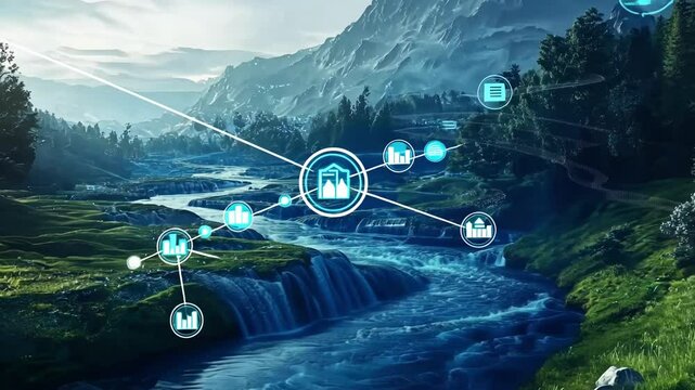 Futuristic digital data visualization flowing like a river through a beautiful mountain valley landscape, symbolizing the connection between technology and nature