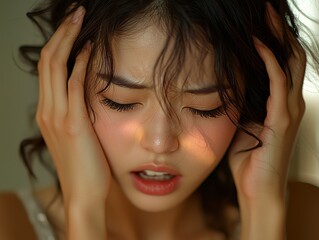 Fototapeta premium Emotional portrait of a woman experiencing distress and anguish