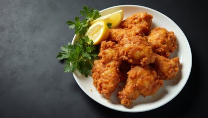 Fototapeta premium Golden Fried Chicken Platter with Zesty Lemon and Fresh Parsley