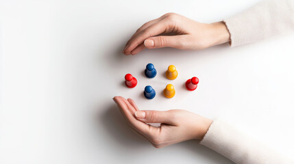 Colorful pawns arranged in circle, protected by hands, symbolize teamwork and collaboration. vibrant colors evoke sense of playfulness and creativity