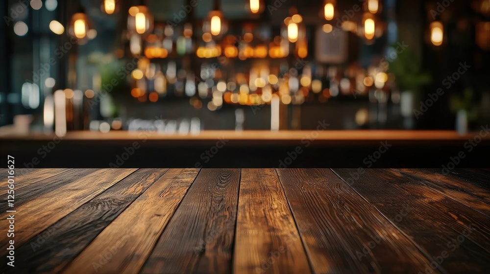 Poster rustic wooden table in focus with a blurred bar counter and warm lighting in the background, creatin