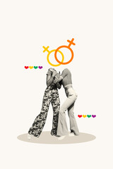 Art image vertical photo collage of two anonym girls hug romantic feeling heart icon transgender...
