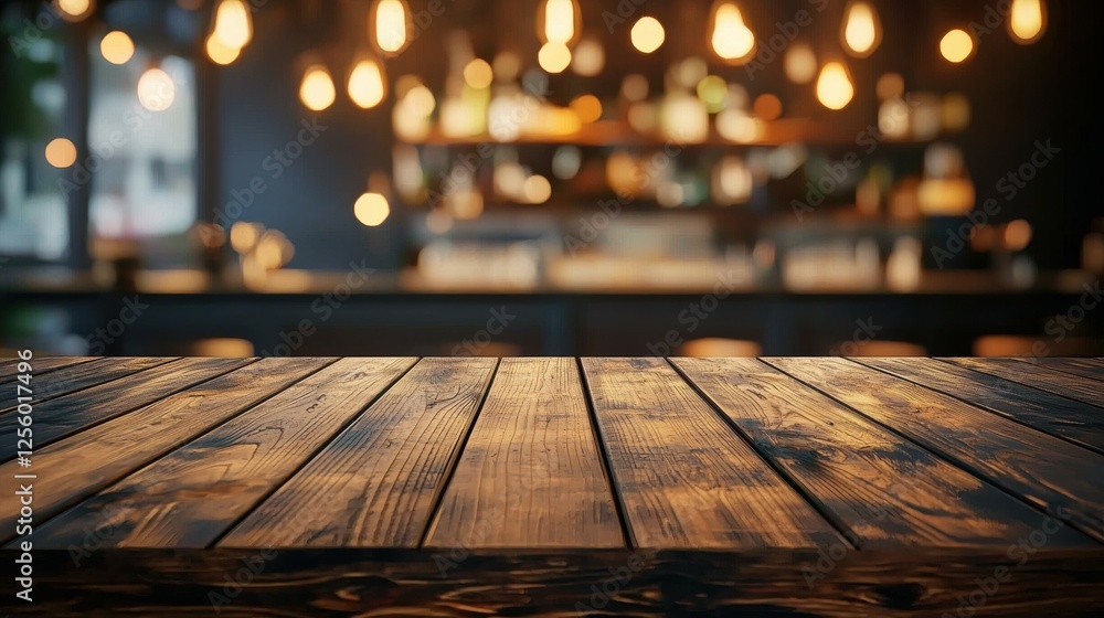 Poster dark wooden table surface in focus with a blurred background of warm-lit bar interior, ideal for pro