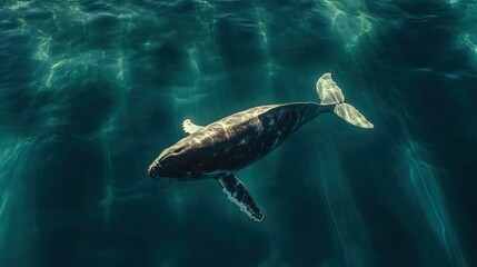 Humpback whale calf swims ocean sunlight surface