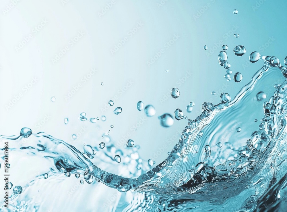Poster Dynamic close-up of a water wave and bubbles on a light blue background, showcasing fluid motion and freshness in a high-resolution macro view
