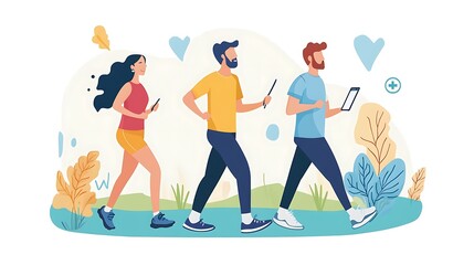 Three people walking outdoors using mobile devices.