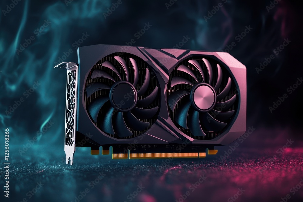 Poster powerful dual-fan graphics card with sleek design illuminated by vibrant lights in a digital setting