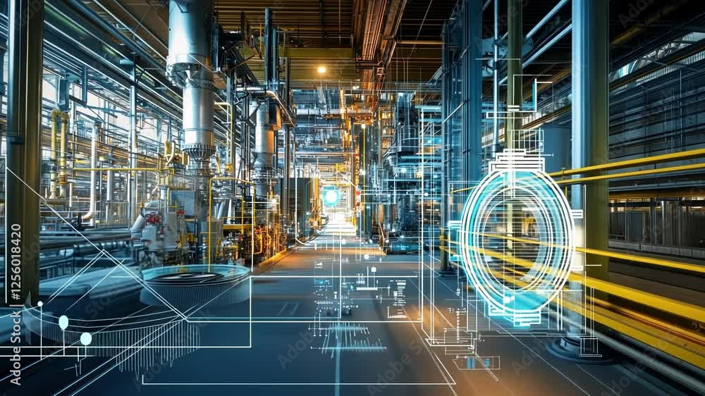 Poster modern industrial factory featuring augmented reality and digital twin technology, enhancing monitor