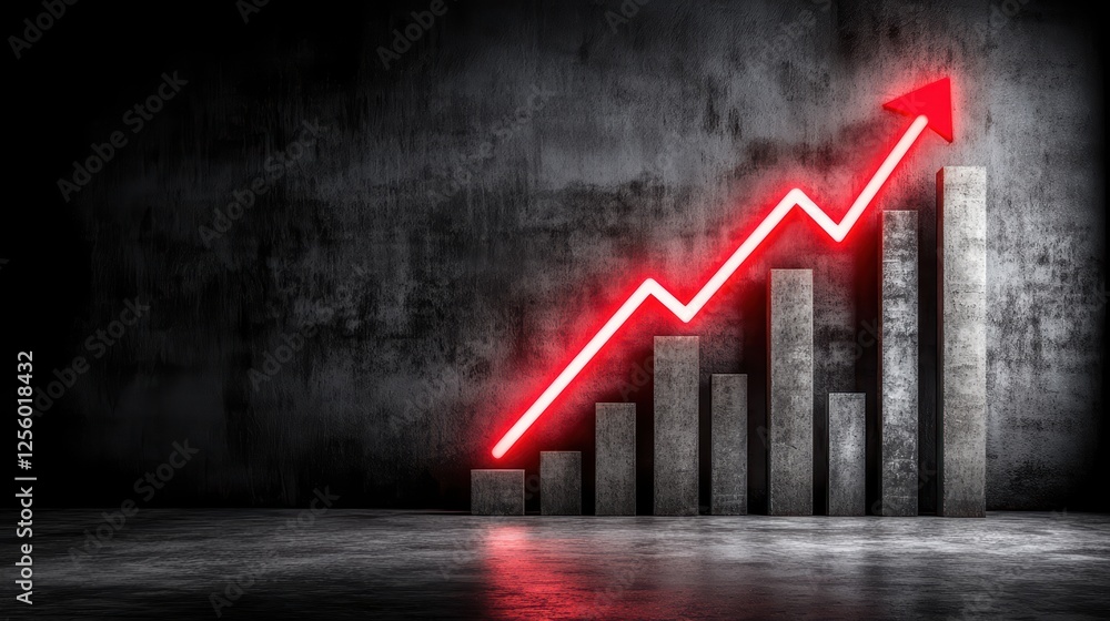 Aufkleber red arrow showing growth on 3d bar graph in dark grunge setting