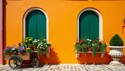 Charming Orange Facade with Green Arched Doors, Colorful Flowers, and Vintage Wooden Cart in a Sunny Mediterranean Scene