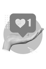 Obraz premium Vertical collage illustration of arm palm hold like notification telegram instagram tiktok facebook