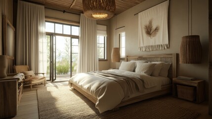 Fototapeta premium Tranquil bedroom with a neutral color scheme, woven basket accents, and linen curtains to create a cozy and calming atmosphere