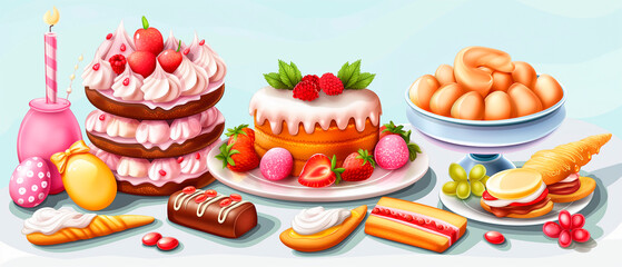 illustration of easter breakfast, brunch, dinner, lunch, food